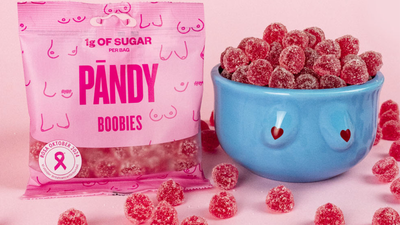 “Pändy Boobies”, ett sockerrreducerat gelégodis har tagits fram av företaget Pändy för att uppmärksamma vikten av att undersöka sina bröst.