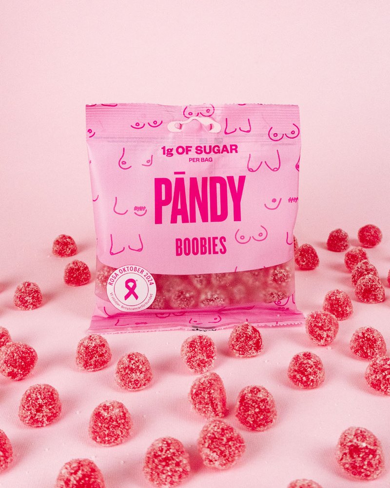 Pändy har tagit fram rosa sockerfritt godis som ska påminna konsumenten att klämma på sina bröst.
